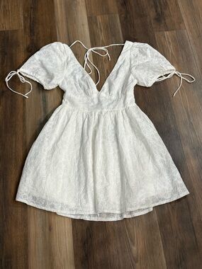 White Fox Eyelet Lace Mini Dress with Puff Sleeves